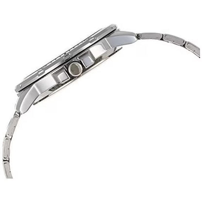 Side profile of the Casio MTP-VD01D-2BV stainless steel watch showing the slim case, crown, diver-style bezel, mineral crystal profile, and stainless steel bracelet.