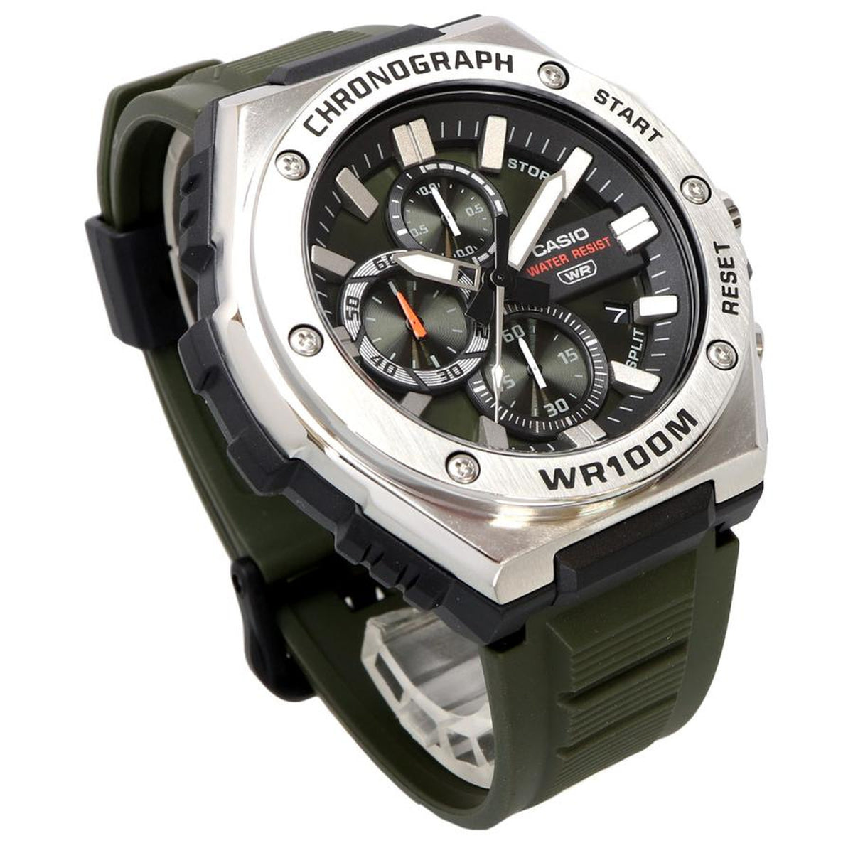 Casio MWA-300H-3A watch in angled front view with a green chronograph dial, silver-tone bezel with exposed screws, date window, and dark green strap.