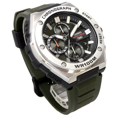 Casio MWA-300H-3A watch in angled front view with a green chronograph dial, silver-tone bezel with exposed screws, date window, and dark green strap.