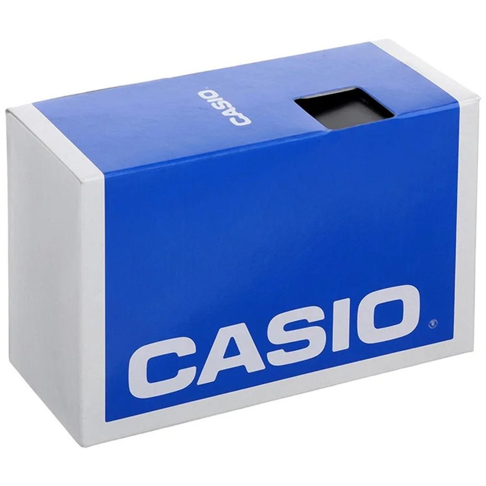 Original Casio watch presentation box in blue and silver finish with Casio branding and display window.