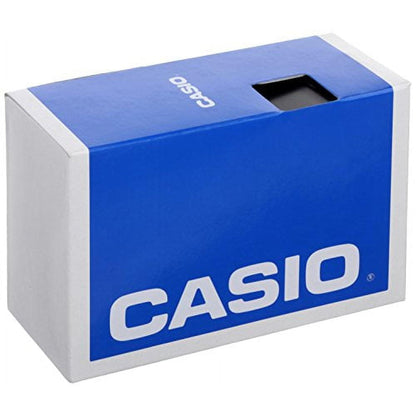 Original Casio watch presentation box in blue and silver finish with Casio branding and display window detail.
