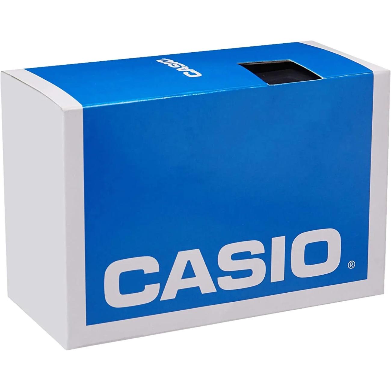 Casio original watch presentation box with blue exterior panel, white sides and Casio logo on the front.