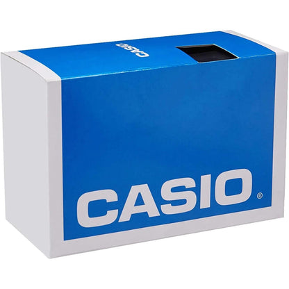 Casio original watch presentation box with blue exterior panel, white sides and Casio logo on the front.