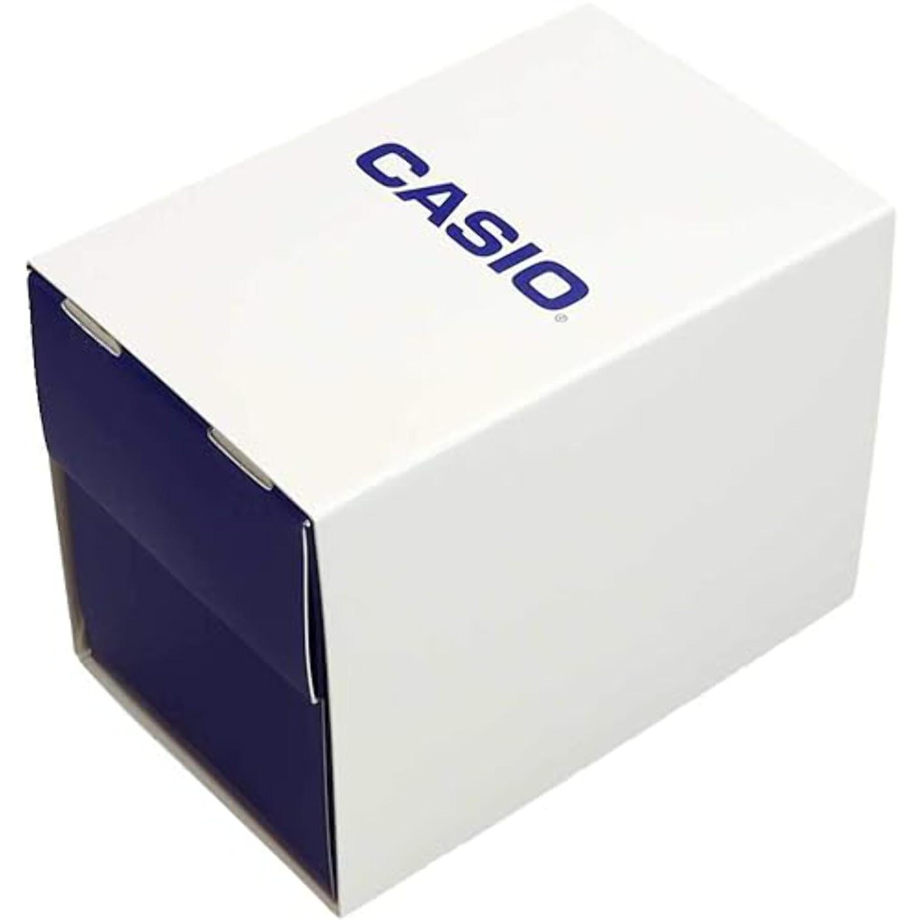 Original Casio watch presentation box in white and blue finish with Casio logo and compact packaging design.