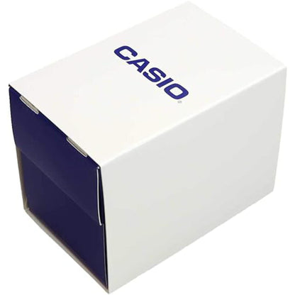 Original Casio watch presentation box in white and blue finish with Casio logo and compact packaging design.