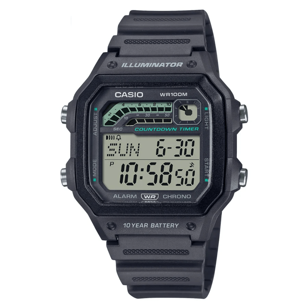 Reloj Casio digital negro, pantalla rectangular, correa de resina y funciones de cronómetro y alarma.
