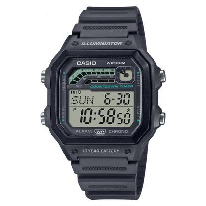 Reloj Casio digital negro, pantalla rectangular, correa de resina y funciones de cronómetro y alarma.