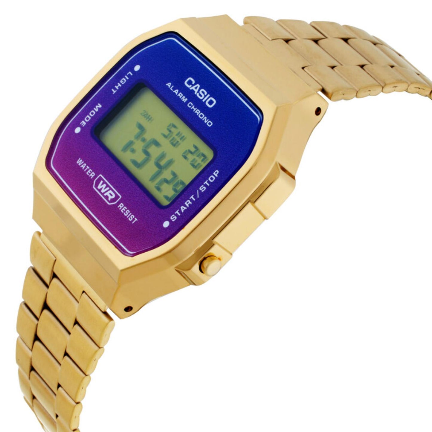 Casio Vintage A168WERG-2ADF with a blue and purple gradient digital display, gold-tone case, side push buttons, and matching stainless steel bracelet.
