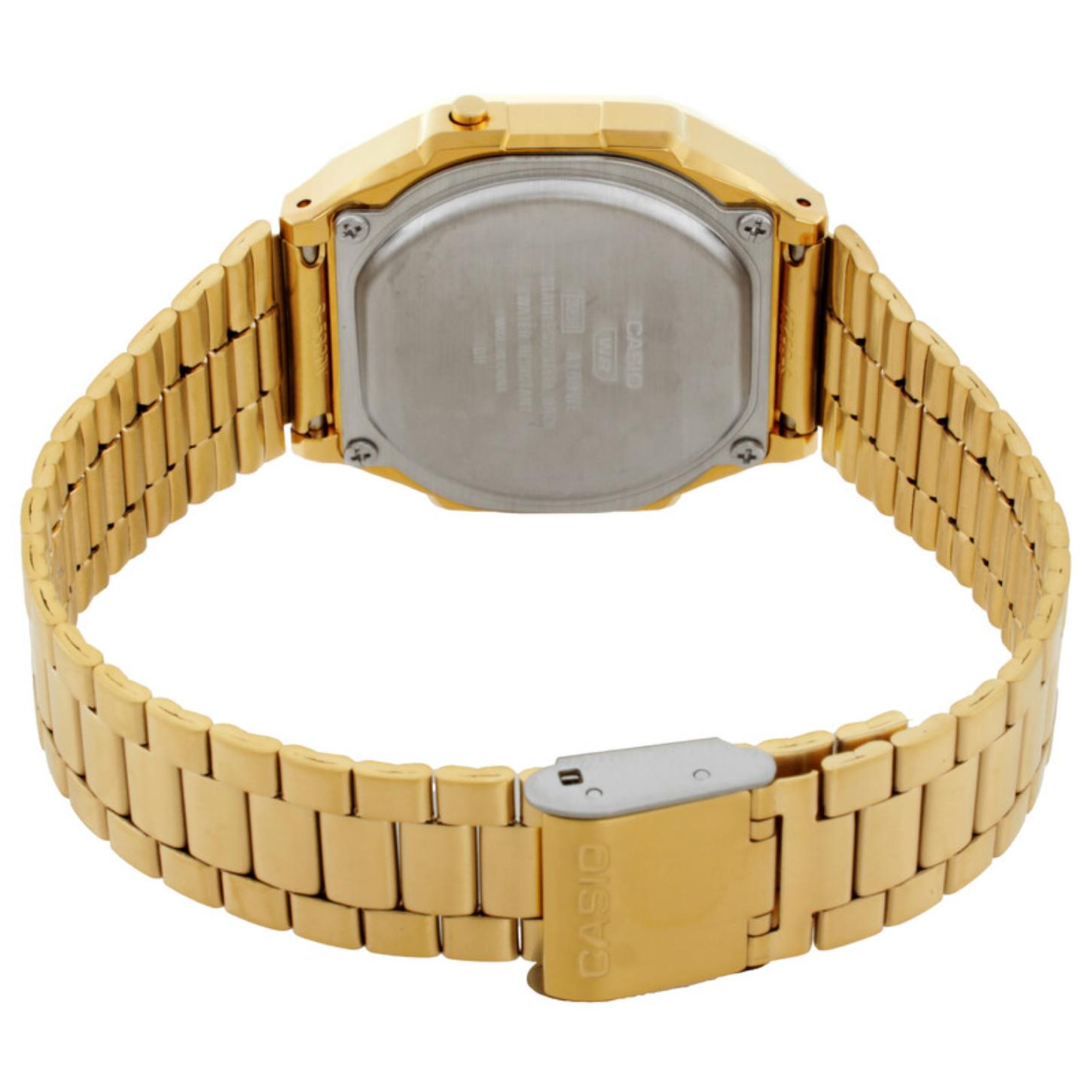 Casio Vintage A168WERG-2ADF from the back with an engraved caseback, gold-tone stainless steel bracelet, and open adjustable clasp.
