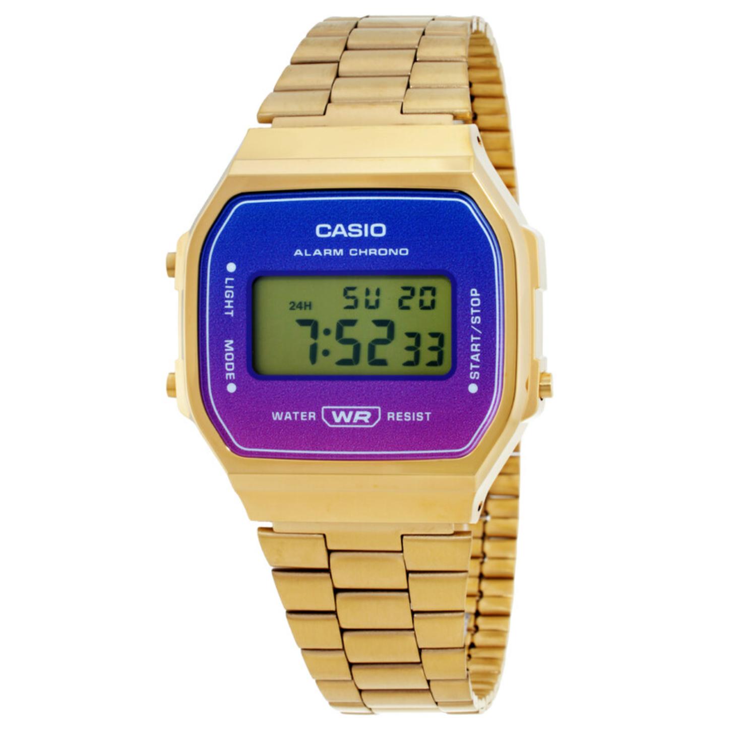 Casio Vintage A168WERG-2ADF with a blue-to-purple gradient digital display, gold-tone case, and matching stainless steel bracelet.