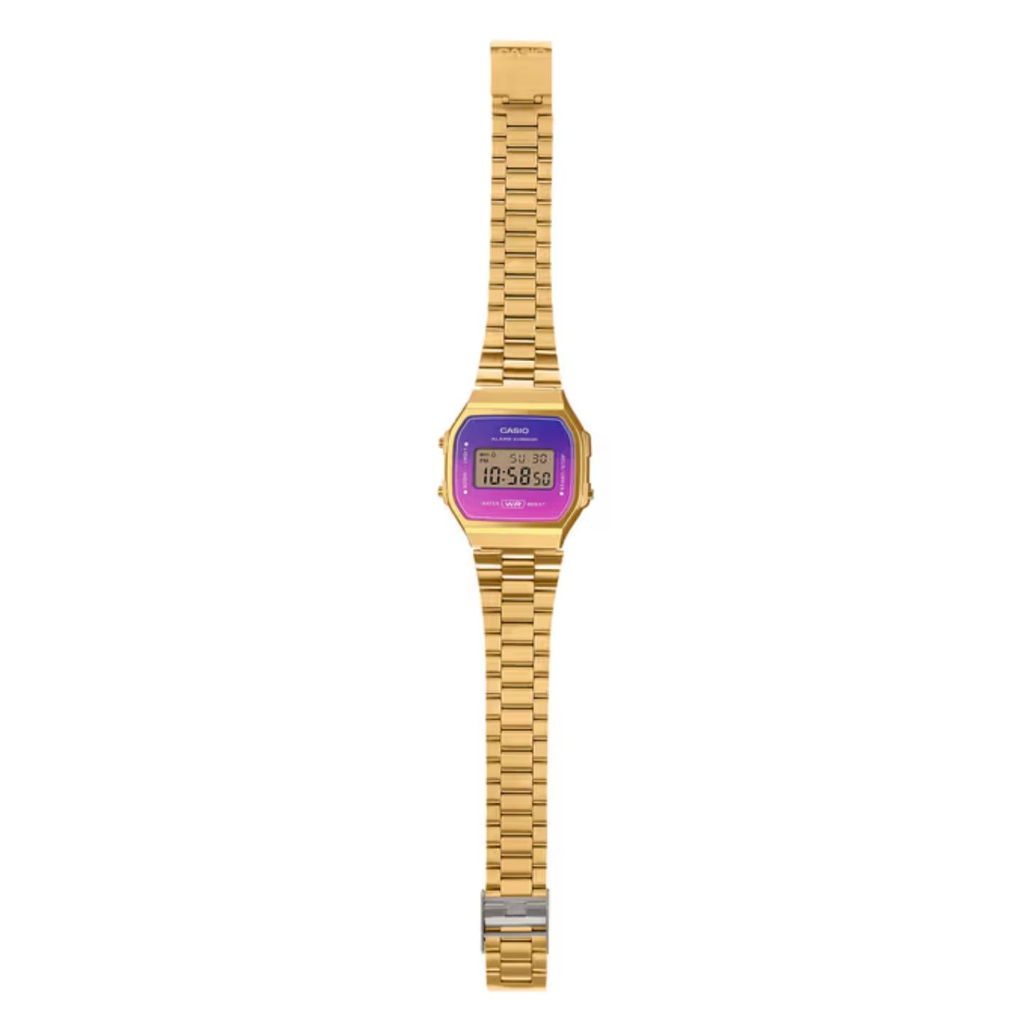Casio Vintage A168WERG-2ADF full front with a blue, purple, and pink gradient digital display, gold-tone case, and matching stainless steel bracelet.