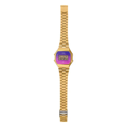 Casio Vintage A168WERG-2ADF full front with a blue, purple, and pink gradient digital display, gold-tone case, and matching stainless steel bracelet.