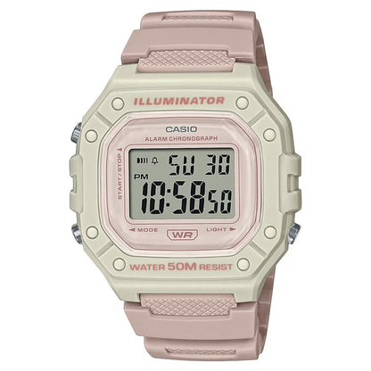 Reloj Casio W218HC-4A2V digital bicolor en tonos rosa y beige, con pantalla LCD, función Illuminator y resistencia al agua 50 metros.