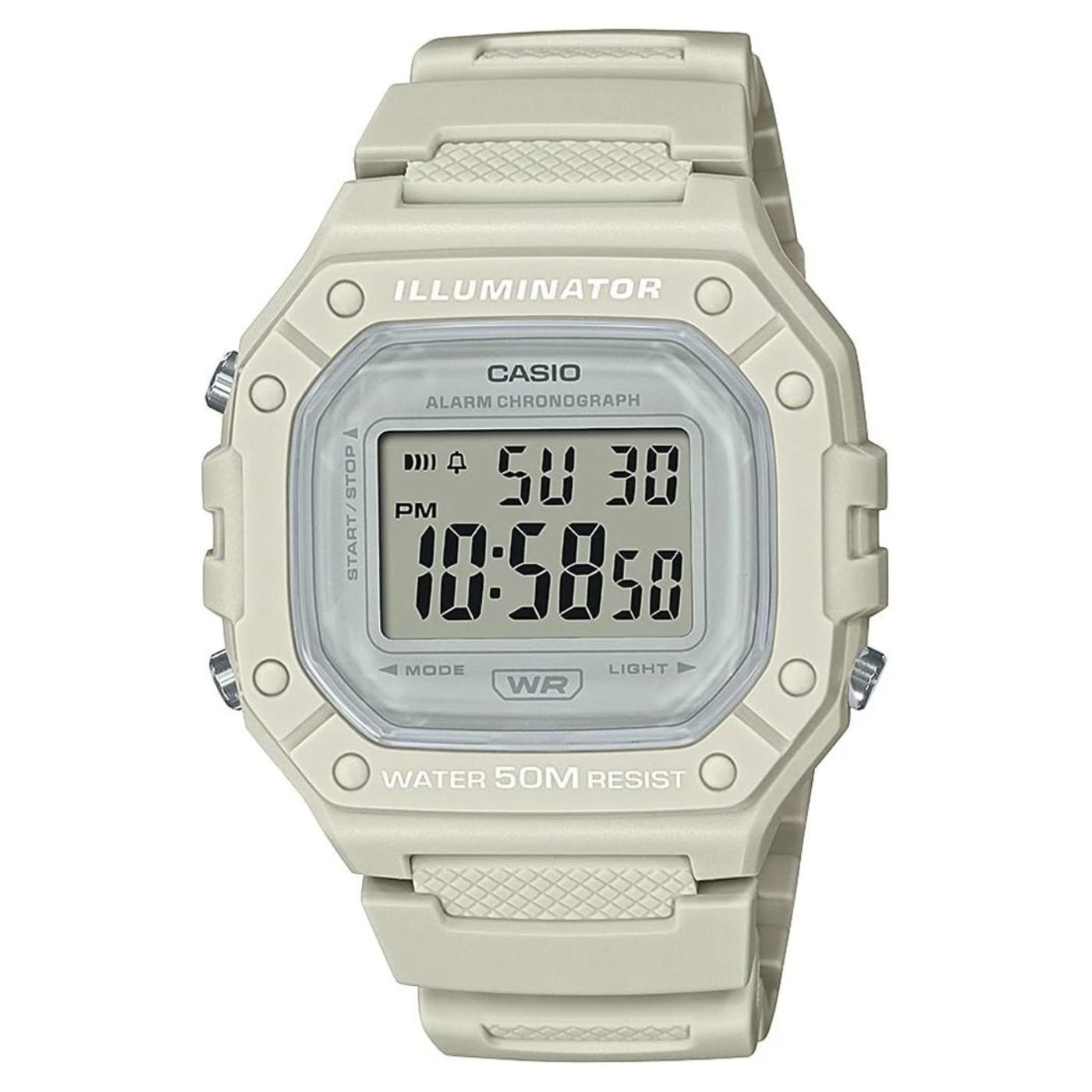 Reloj Casio W218HC-8AV digital en color beige con pantalla LCD, función Illuminator y resistencia al agua 50 metros.