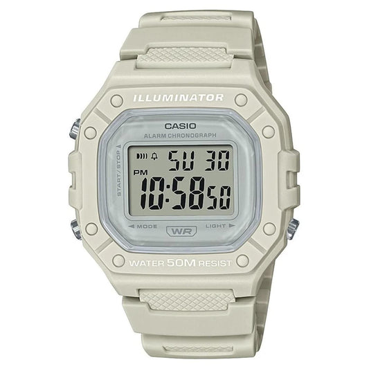 Reloj Casio W218HC-8AV digital en color beige con pantalla LCD, función Illuminator y resistencia al agua 50 metros.