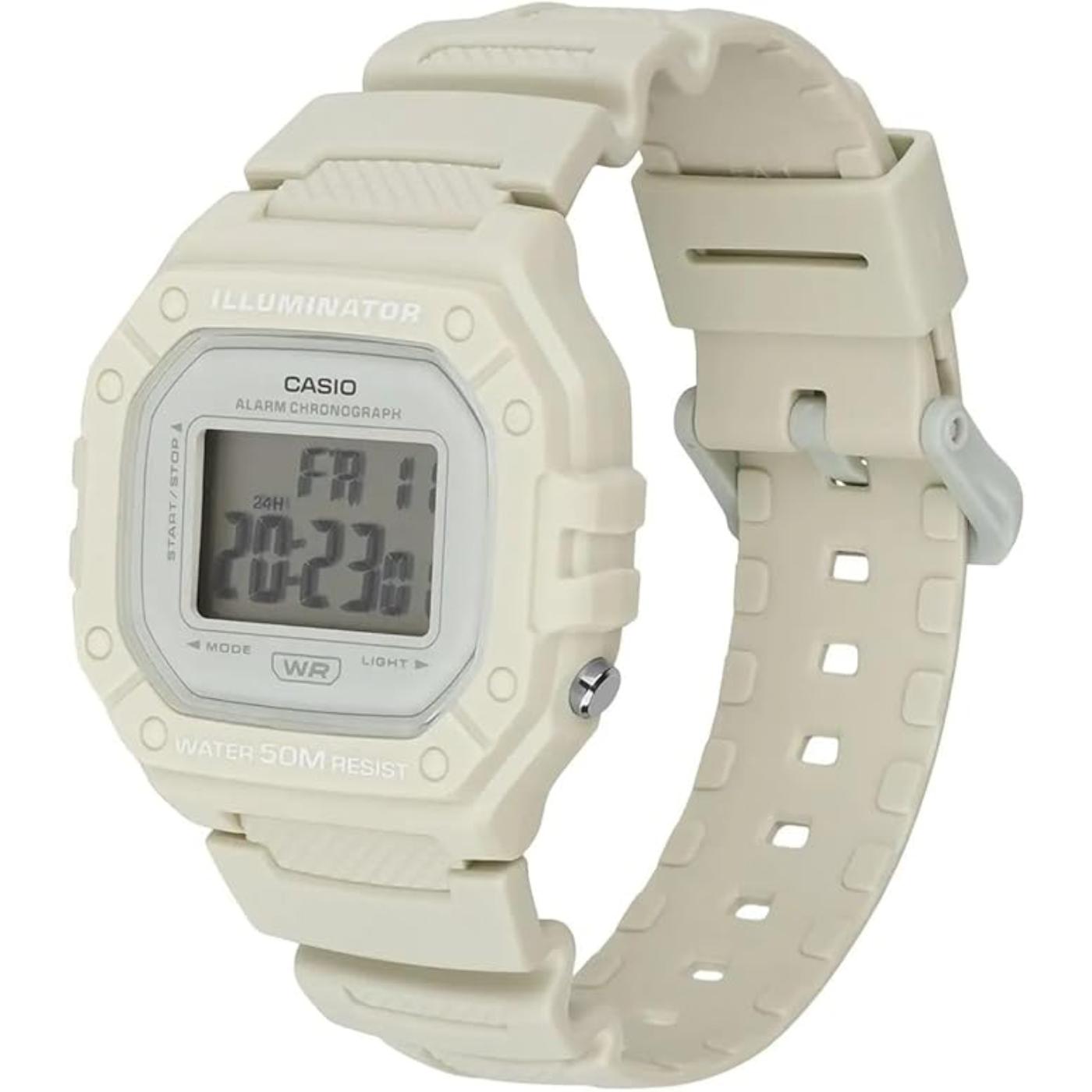 Reloj Casio W218HC-8AV digital beige en vista lateral, mostrando caja octogonal de resina, pantalla LCD y correa perforada ajustable.