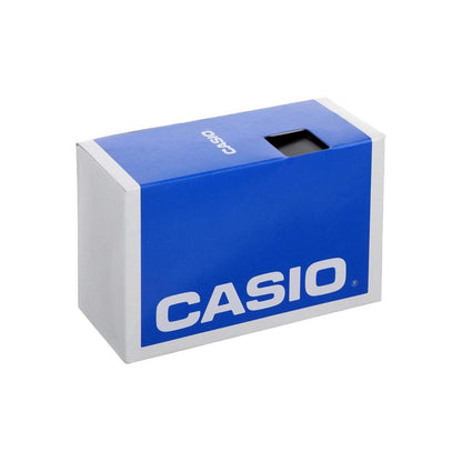 Casio original watch box in blue and silver with branded packaging.