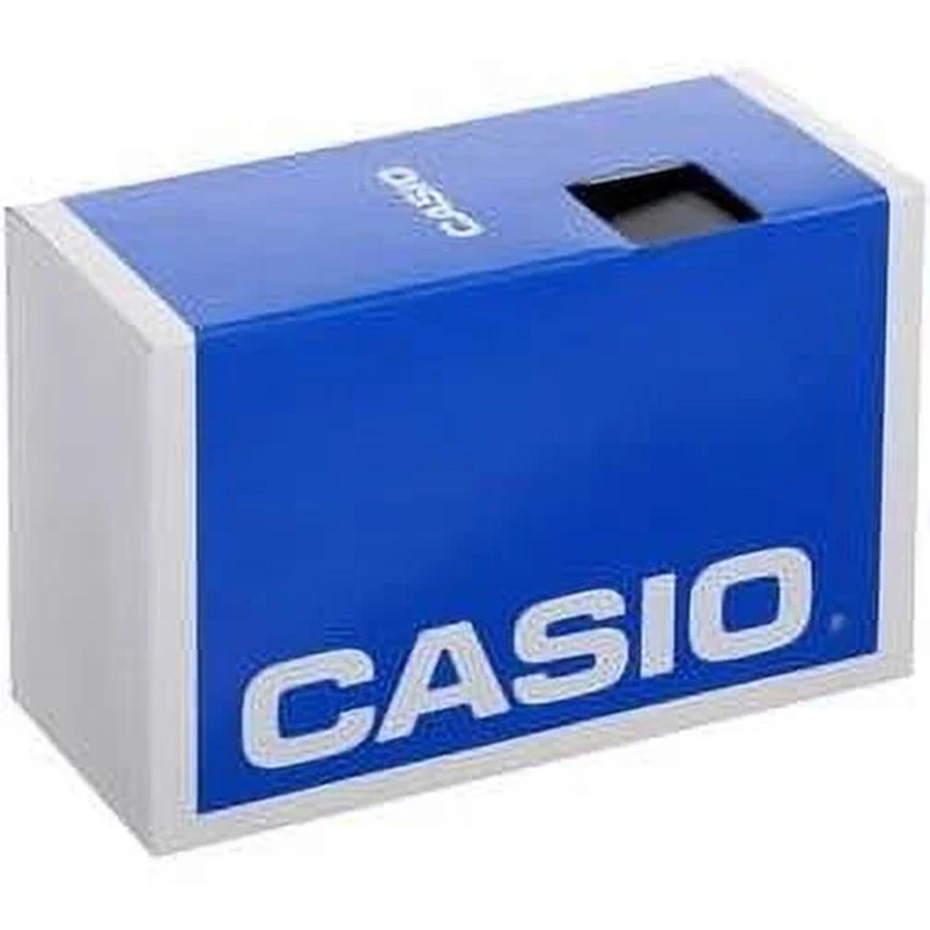 Casio watch box in blue and white packaging with logo branding and presentation design for product storage