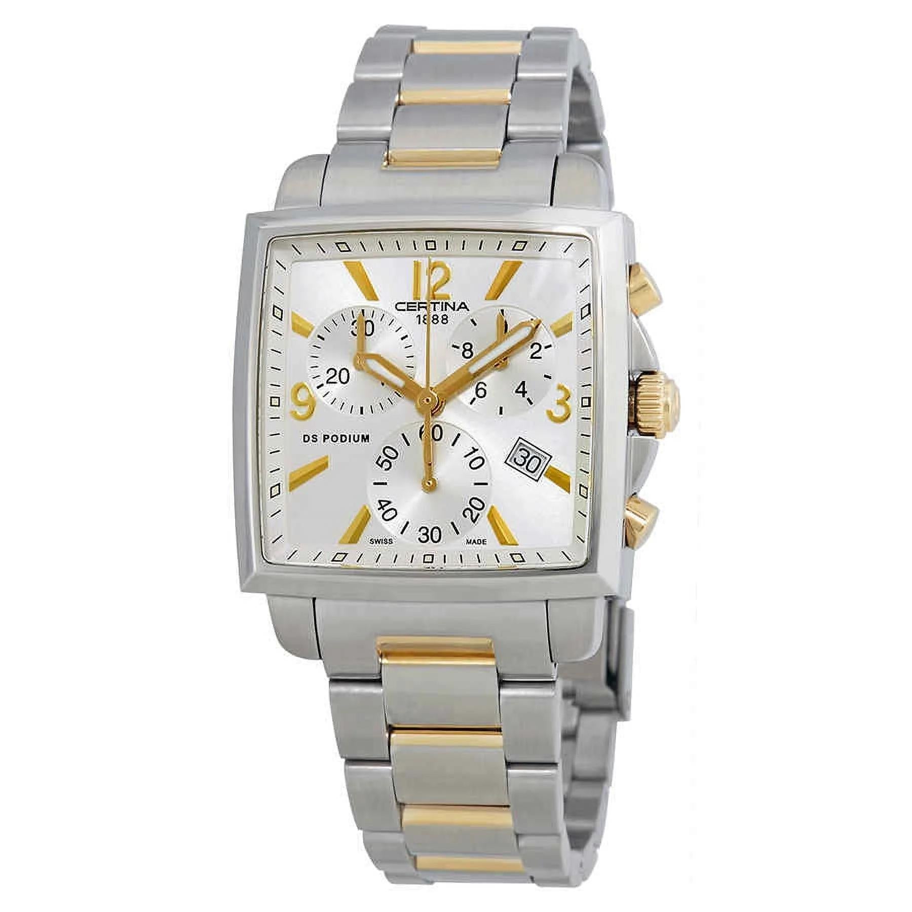 Certina C001.317.22.037.00 DS Podium Square Chronograph bicolor en acero y dorado, con esfera blanca, tres subesferas, fecha a las 4:30 y brazalete metálico a juego.