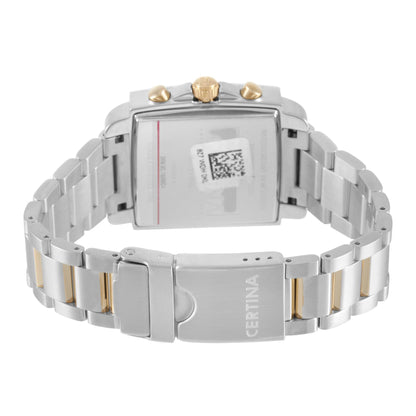 Parte trasera del Certina C001.317.22.037.00 DS Podium Square Chronograph con brazalete de acero bicolor, cierre desplegable firmado y pulsadores dorados visibles en la caja.