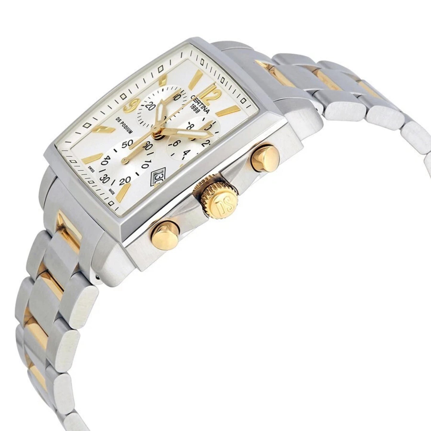 Perfil lateral del Certina C001.317.22.037.00 DS Podium Square Chronograph bicolor, mostrando caja cuadrada de acero, pulsadores y corona dorados y brazalete metálico en acero y PVD dorado.