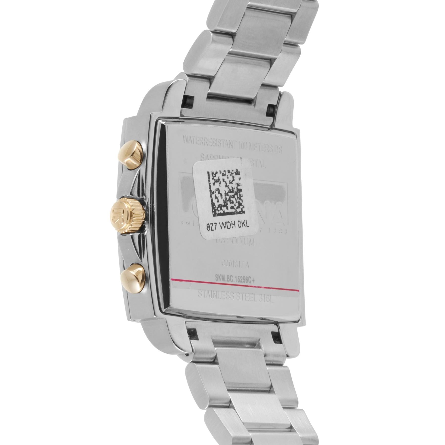 Vista trasera del Certina C001.317.22.037.00 DS Podium Square Chronograph bicolor, con tapa de acero grabada, corona y pulsadores dorados y brazalete metálico en acero.