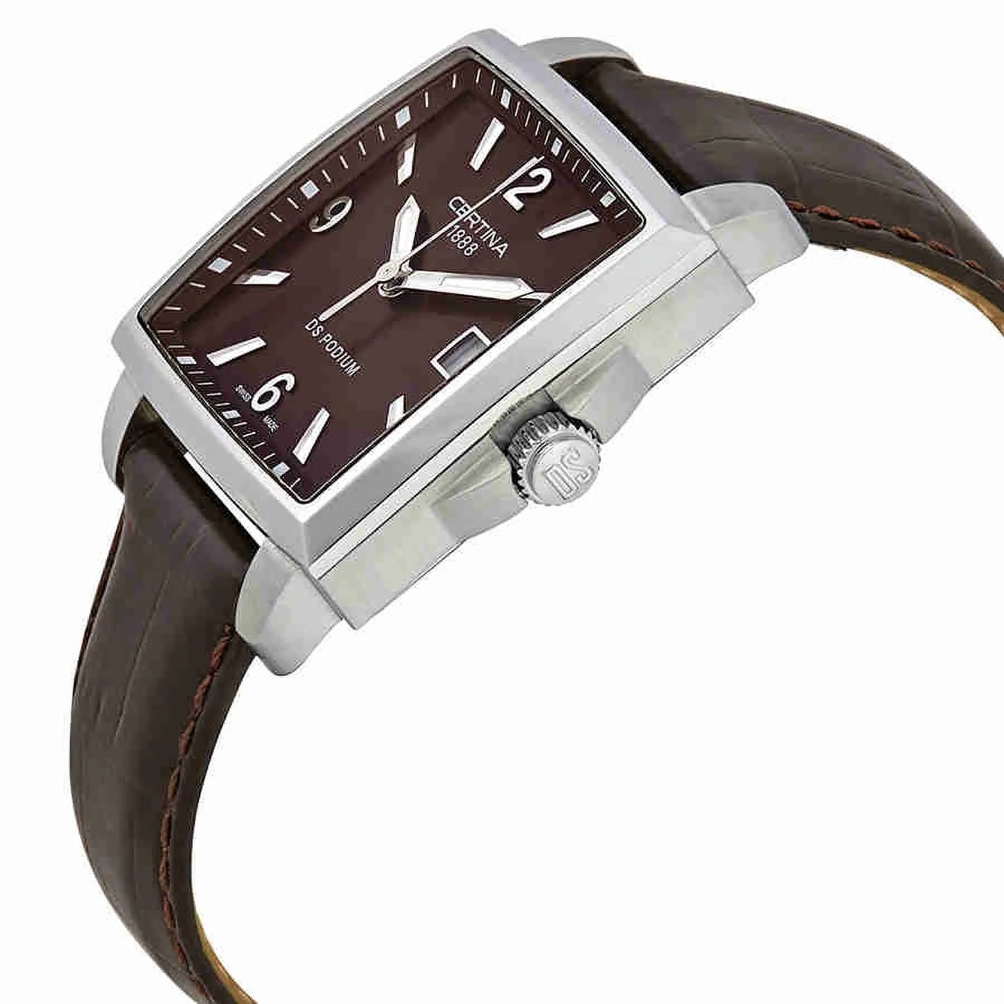 Certina C001.310.16.297.00 quartz watch with brown dial, square stainless steel case, date window and brown leather strap shown at an angle.