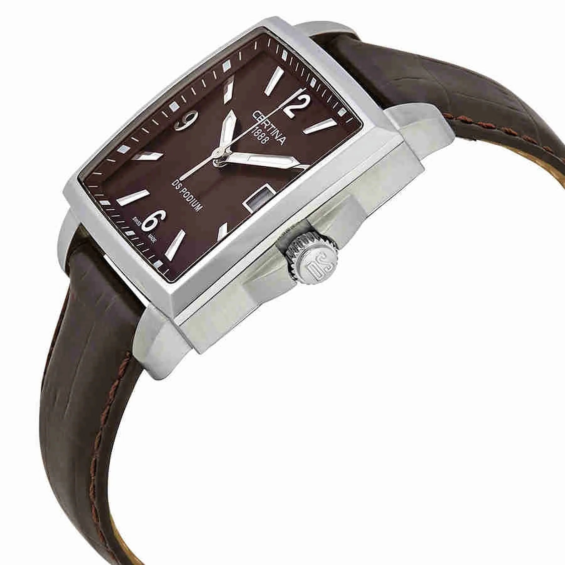 Certina C001.310.16.297.00 quartz watch with brown dial, square stainless steel case, date window and brown leather strap shown at an angle.