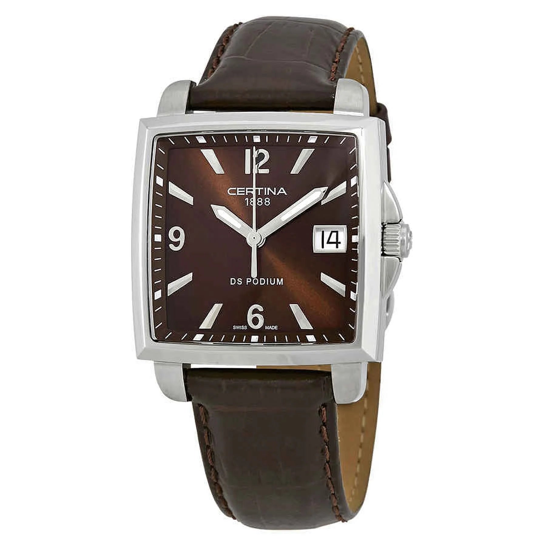 Certina C001.310.16.297.00 quartz watch with brown dial, square stainless steel case, date window and brown leather strap.
