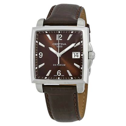Certina C001.310.16.297.00 quartz watch with brown dial, square stainless steel case, date window and brown leather strap.