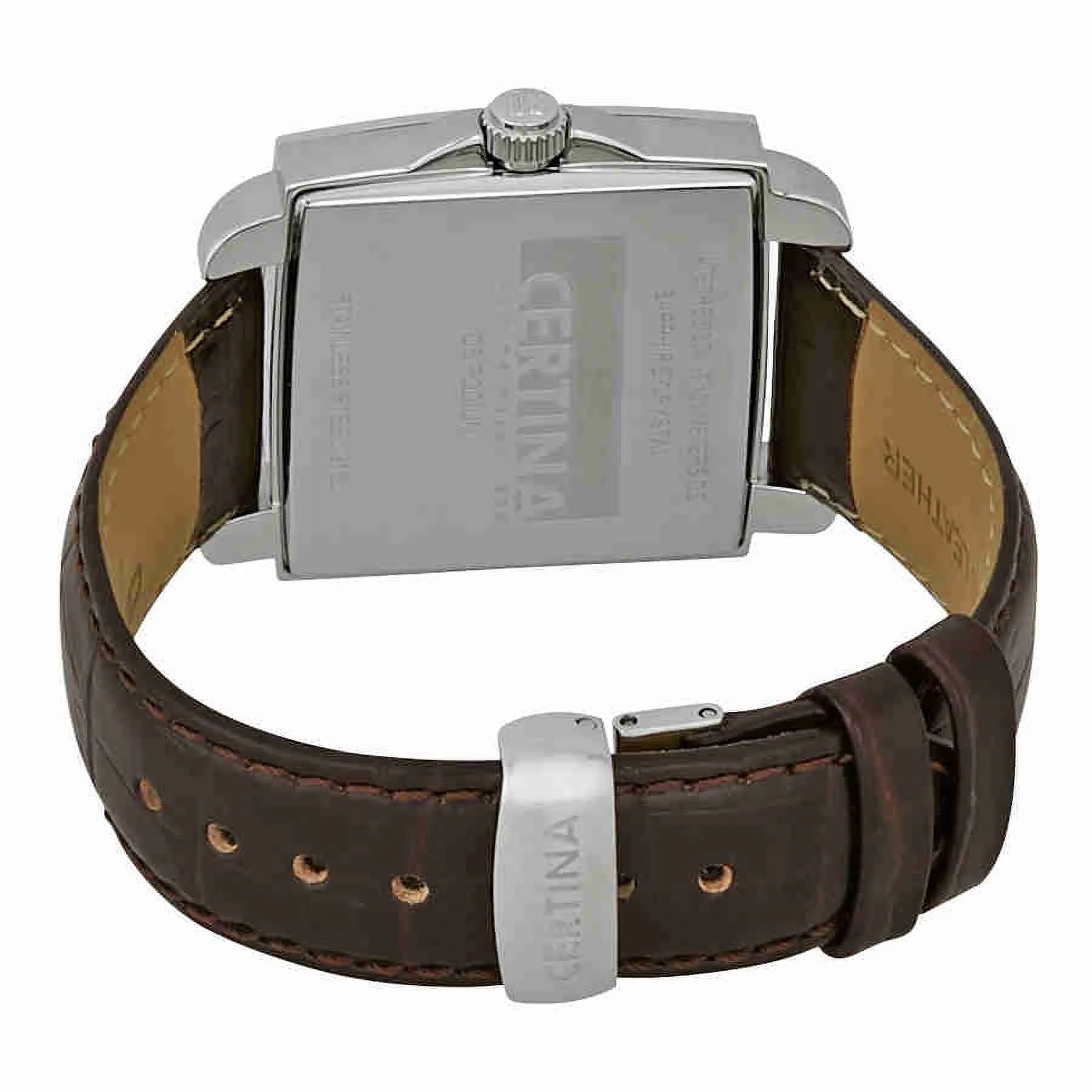 Certina C001.310.16.297.00 with stainless steel square caseback, crown and brown leather strap with signed buckle.