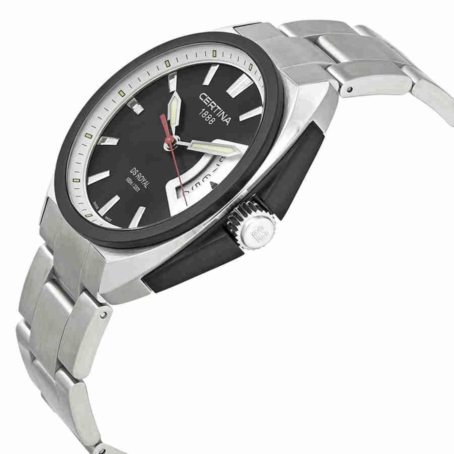 Certina C010.410.11.051.00 quartz watch with black dial, date display, stainless steel case and stainless steel bracelet shown at an angle.