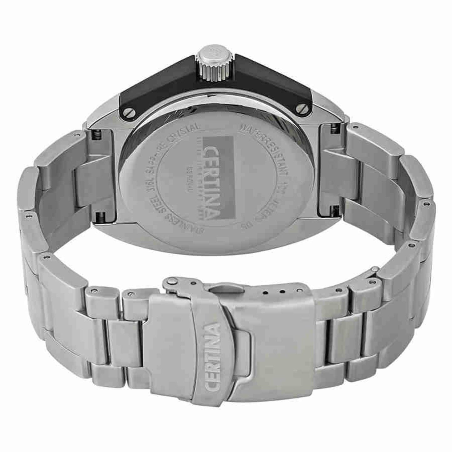 Certina C010.410.11.051.00 with stainless steel caseback, stainless steel case and stainless steel bracelet with signed Certina clasp.