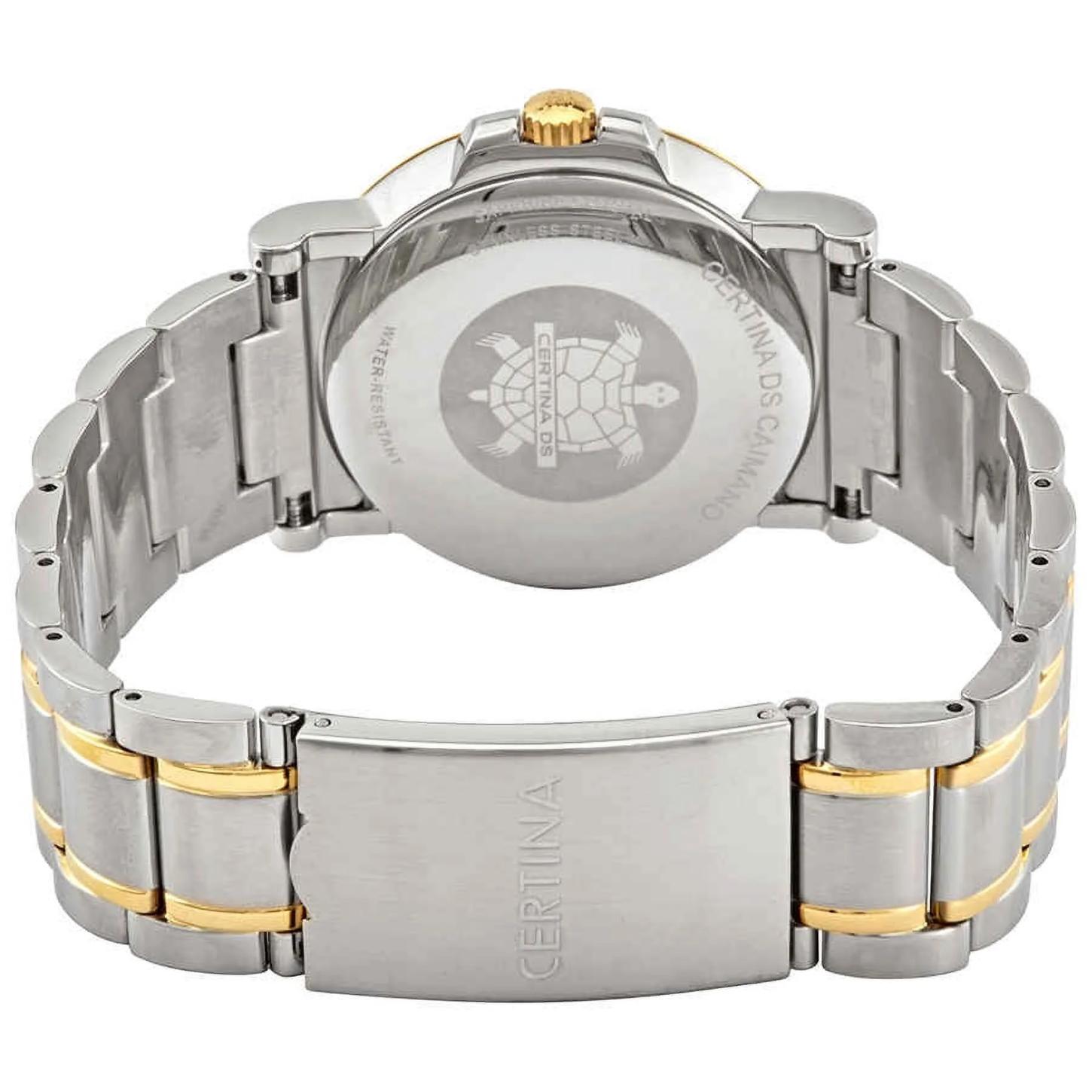 Certina C017.410.22.032.00 mens dress watch caseback with engraved stainless steel back plate and two tone bracelet with fold over clasp