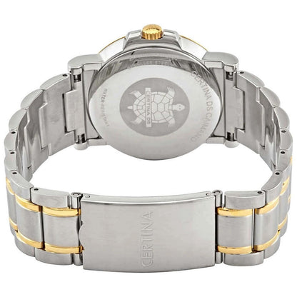 Certina C017.410.22.032.00 mens dress watch caseback with engraved stainless steel back plate and two tone bracelet with fold over clasp