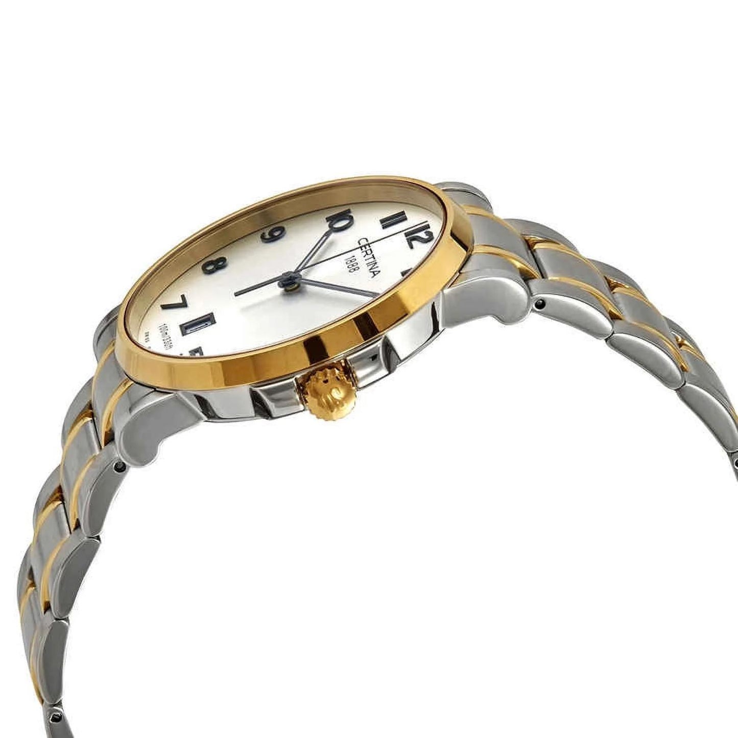 Certina C017.410.22.032.00 mens dress watch side profile with gold tone bezel, crown and two tone stainless steel bracelet with slim case design