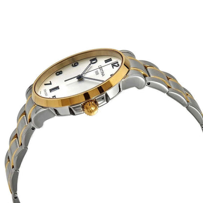 Certina C017.410.22.032.00 mens dress watch side profile with gold tone bezel, crown and two tone stainless steel bracelet with slim case design