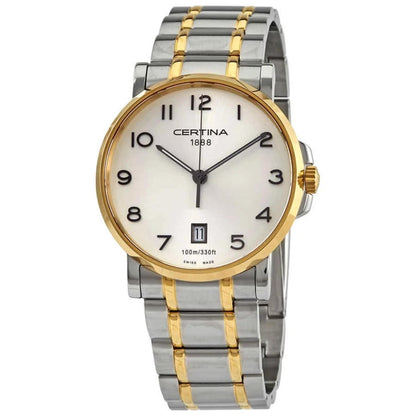 Certina C017.410.22.032.00 mens dress watch with silver dial, gold tone bezel and two tone stainless steel bracelet with classic design