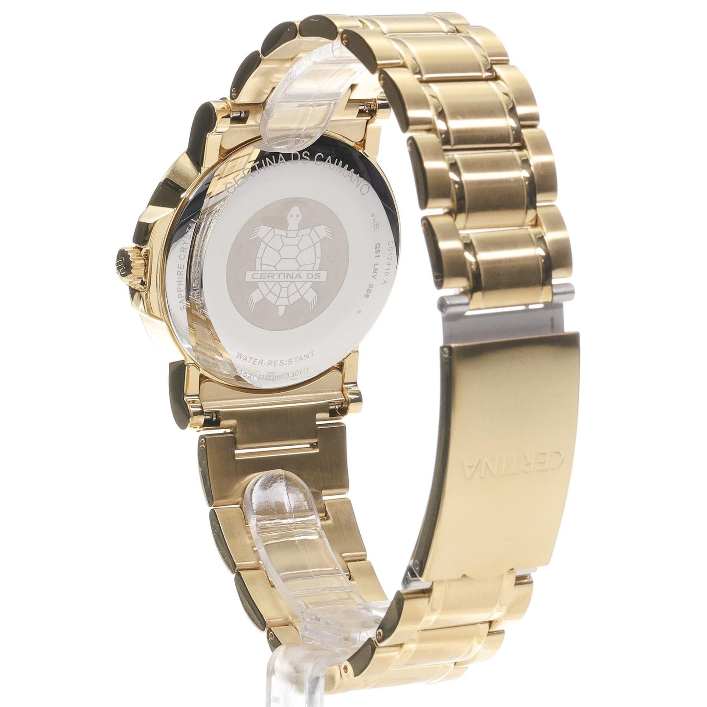 Certina C017.410.33.032.00 with stainless steel caseback, gold-tone stainless steel case and bracelet with deployant clasp shown at an angle.