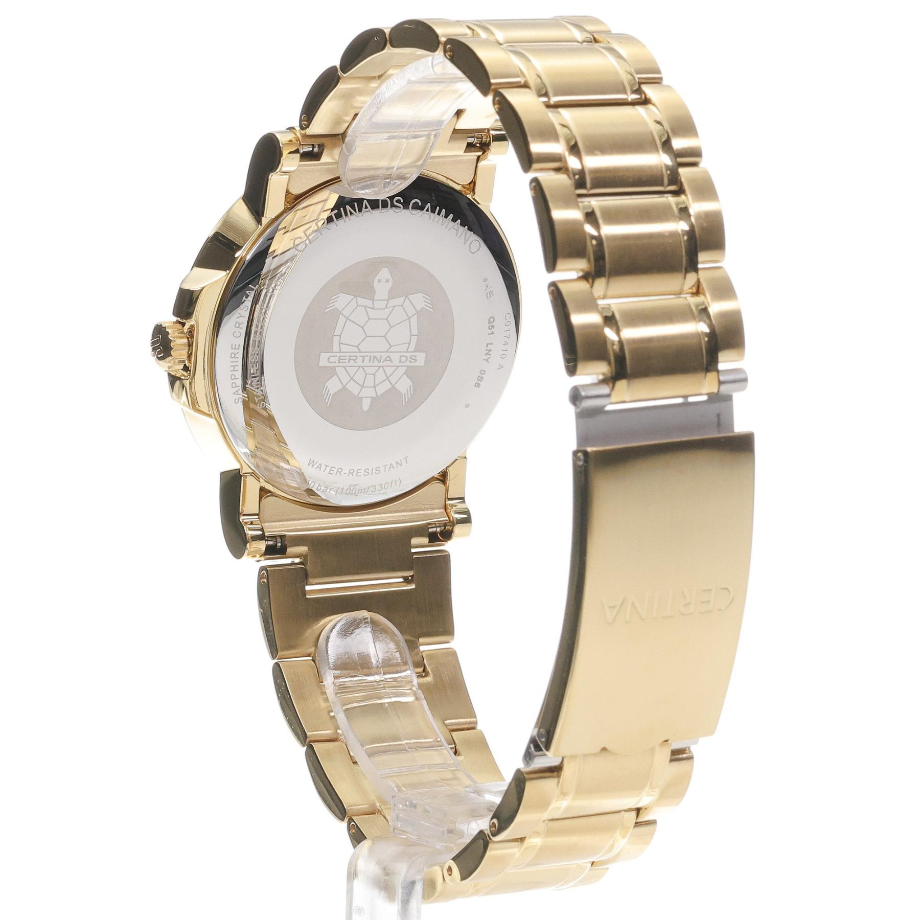 Certina C017.410.33.032.00 with stainless steel caseback, gold-tone stainless steel case and bracelet with deployant clasp shown at an angle.