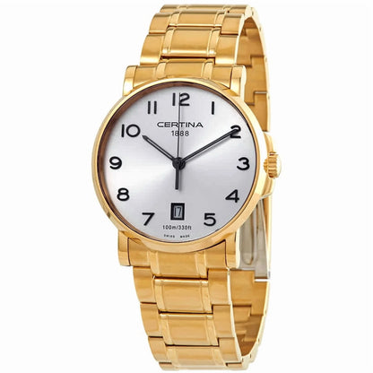 Certina C017.410.33.032.00 quartz dress watch with white dial, Arabic numerals, gold-tone stainless steel case and gold-tone stainless steel bracelet.