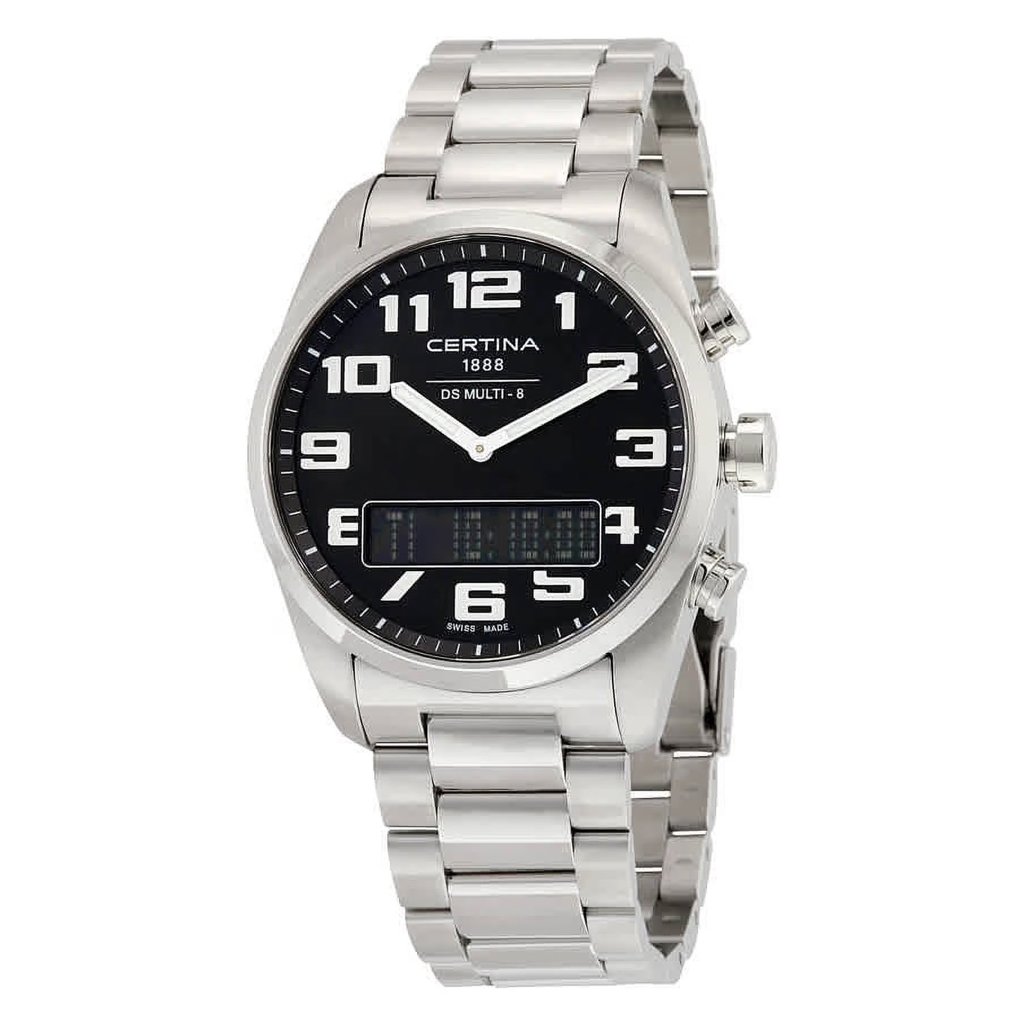 Certina C020.419.11.052.01 ana-digi watch with black dial, analog hands, digital display, stainless steel case and stainless steel bracelet.