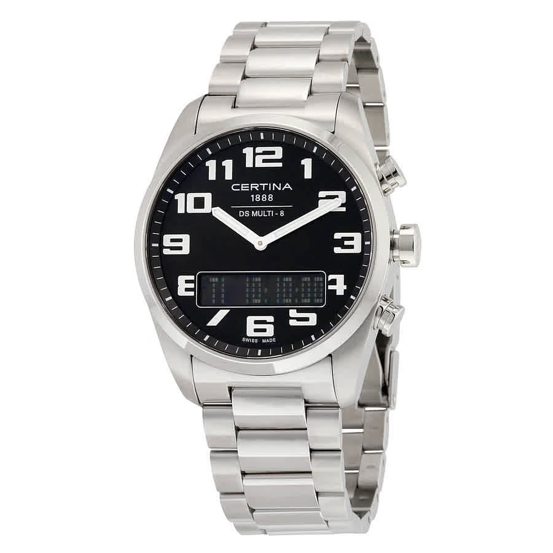 Certina C020.419.11.052.01 ana-digi watch with black dial, analog hands, digital display, stainless steel case and stainless steel bracelet.