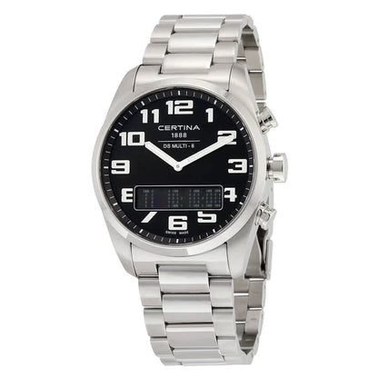 Certina C020.419.11.052.01 ana-digi watch with black dial, analog hands, digital display, stainless steel case and stainless steel bracelet.