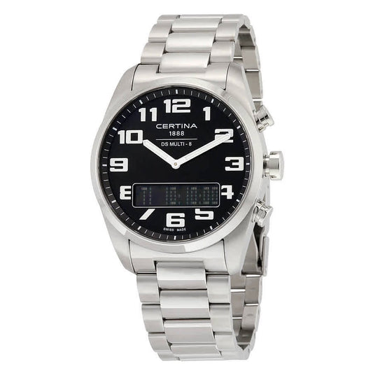 Certina C020.419.11.052.01 ana-digi watch with black dial, analog hands, digital display, stainless steel case and stainless steel bracelet.