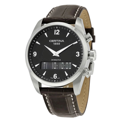 Certina C020.419.16.057.00 ana-digi watch with black dial, analog hands, digital display, stainless steel case and brown leather strap.