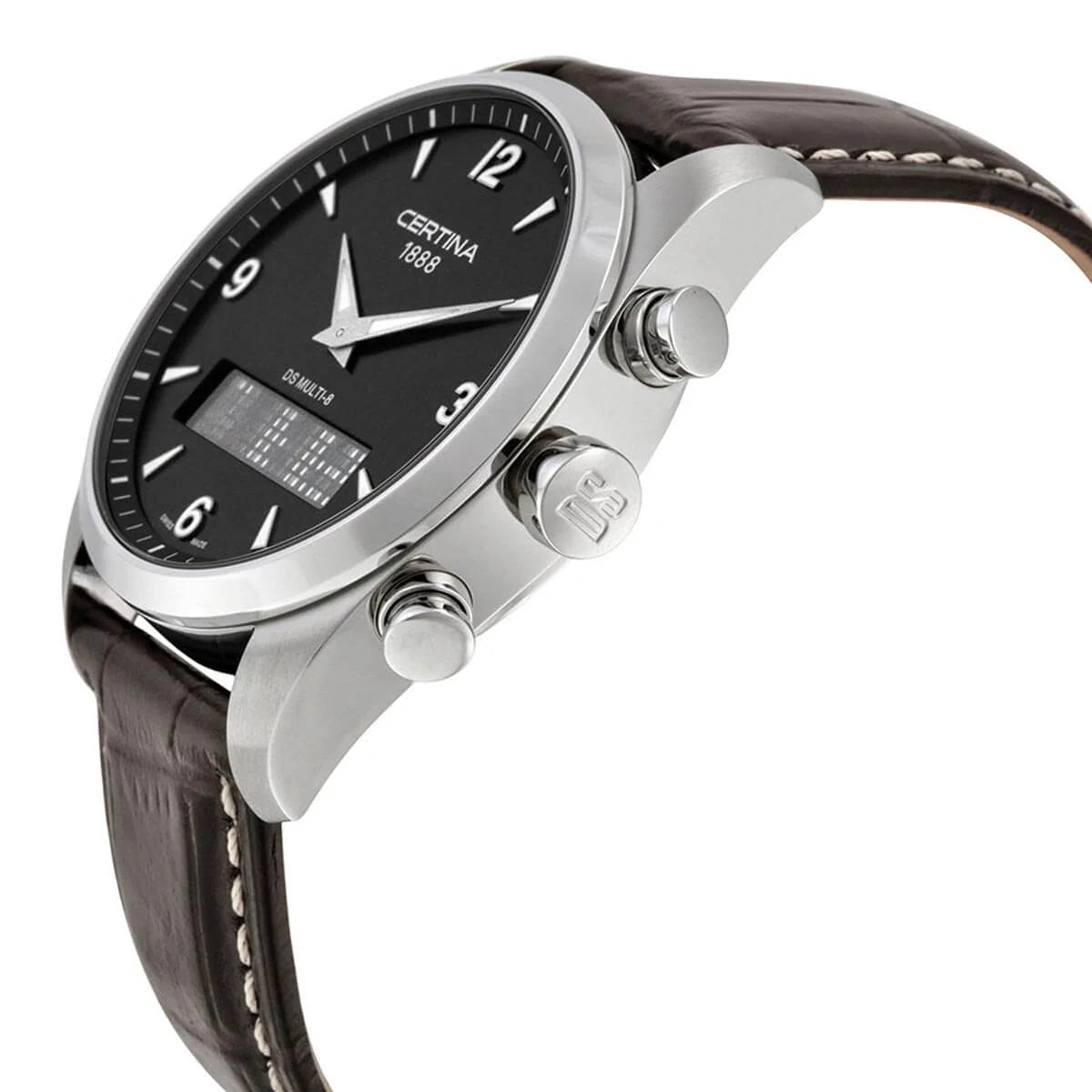 Certina C020.419.16.057.00 side profile with stainless steel case, crown, pushers and leather strap.