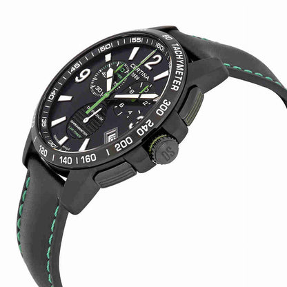 Certina C034.453.36.057.02 Precidrive chronometer watch with black dial, chronograph subdials, tachymeter bezel and black leather strap shown at an angle.