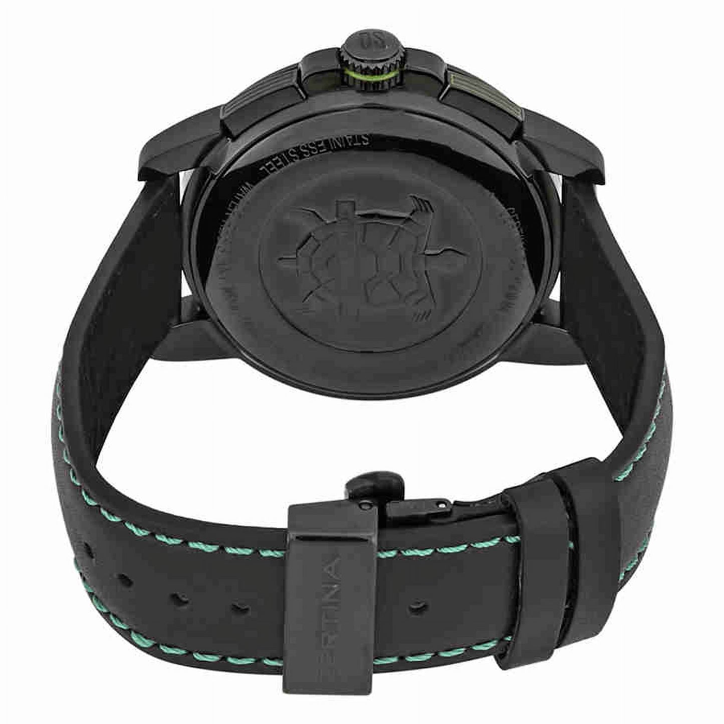 Certina C034.453.36.057.02 with black PVD caseback, crown and black leather strap with green stitching and signed Certina buckle.