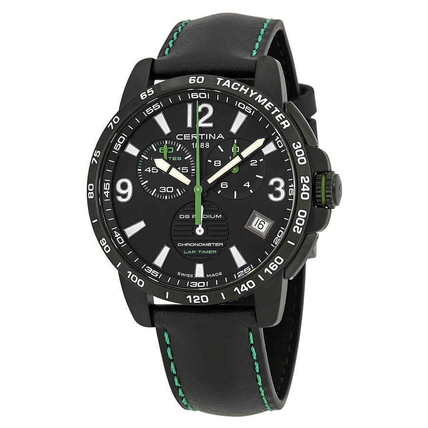Certina C034.453.36.057.02 Precidrive chronometer watch with black dial, chronograph subdials, tachymeter scale, stainless steel case and black leather strap with green stitching.